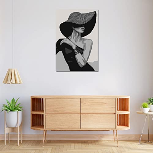 Image of RANGOLI 100% Cotton Stretched Canvas Painting 400 GSM, Framed Lady in Hat Abstract Wall Art for Living Room, 3D Paintings for Wall Decor (12 x 18 Inch With Frame)