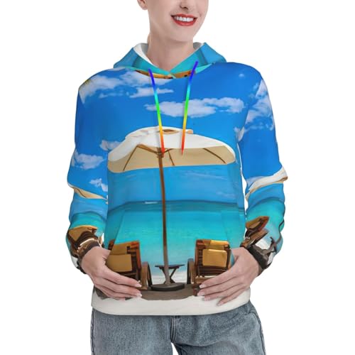 Sweat à capuche femme EdWal imprimé plage tropicale et poche kangourou blanc