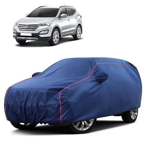 Image of Sulfar 100% Water Resistant Car Body Cover Compatible with Mirror for Hyundai Santafe (Triple Stitched, Full Bottom Elastic, Blue Taffeta with Red Piping)