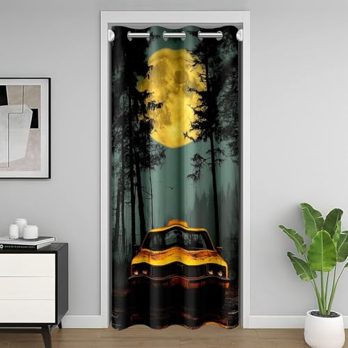 Yellow Taxi Doorway Curtain Privacy,Mystic Jungle Night Moon Sky Psychedelic Natural Blackout Curtain,Retro Old Car Vehicle Door Cover Curtain Artistic Decor,80\"Ã—60\" 1 Panel