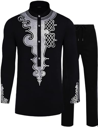African Dashiki for Men Mens African Attire Men Suit Black Panther Shirt Wakanda Forever Shirt and Pants Royal Attire Indian Outfit Thobe Black Suit Big and Tall Outfits for Africa Festival Party