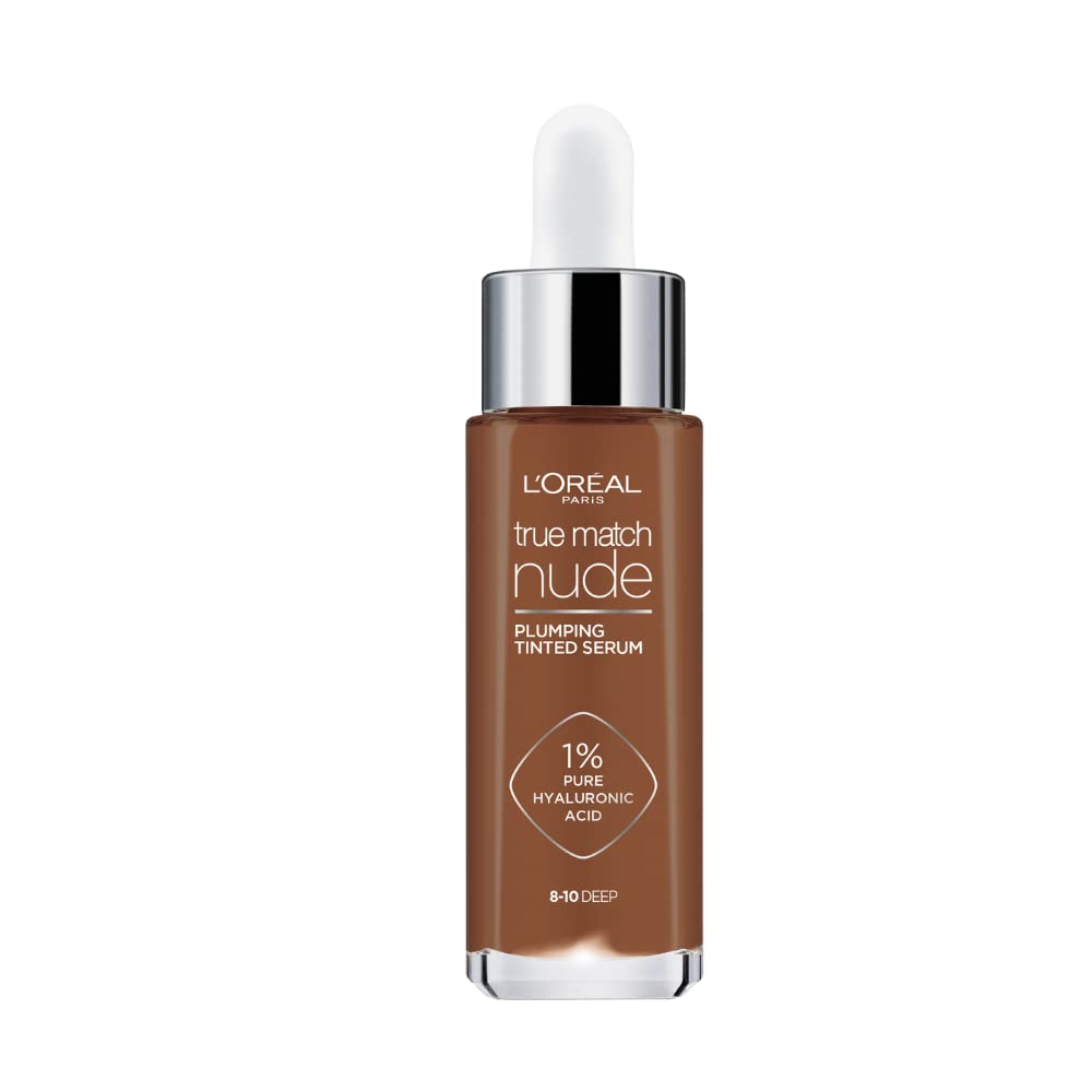 L'Oreal Paris True Match Tinted Serum Foundation, 1% Hyaluronic Acid, Hydrating Formula, Replumps Skin in 1 Hour for a Natural Glowing Finish, 30 ml, Shade 8-10 Deep
