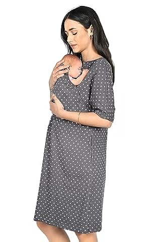 MijaCulture 3 w1 koszula nocna do porodu, dla kobiet w ciąży, dla karmiących 4128 (XL, Grafit/serduszka)