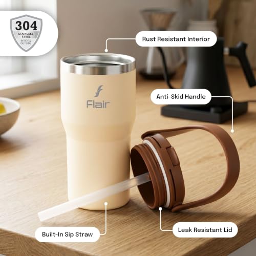 Image of FLAIR Rage Vacuum Insulated Coffee Tumbler 500 ml Beige | 2-in-1 Lid (Straw & Sip)| 304 Double Wall Stainless Steel | Leak-Proof Lid | Hot & Cold Travel Mug with Handle | BPA-Free