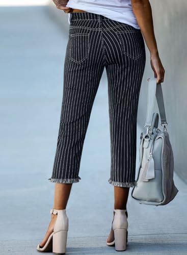 Sidefeel Women's Capri Jeans Stretchy Straight Leg Denim Pants White Stripe Size 62