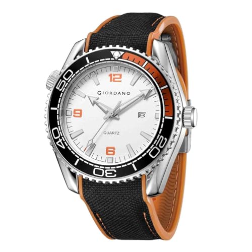 Image of GIORDANO Analog Quartz Watch for Men - Round Dial with Rotating Bezel, Luminous Hour Markers, Silicone & Stainless Steel Strap, Date Display