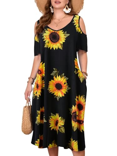 Image of LARACE Plus Size Women Dress for Summer, Midi Women's Sundress, Casual V-Neck Short Sleeve Flowy T-Shirt Dresses with Pockets