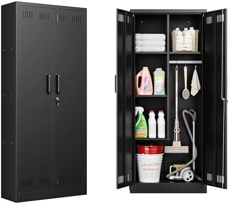 Letaya Broom Closet Storage Cabinet,Metal Cleaning Supply Tool Cabinet,Utility Cabinets for Brooms & Mops Black Garage Organization Cabinet for Laundry Room, Bathroom, Required Assembly