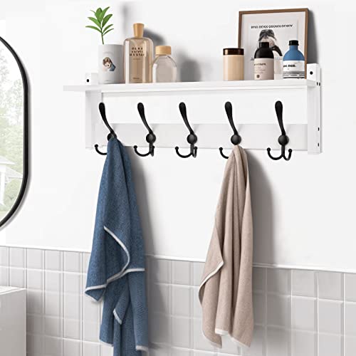 Homode Wall Shelf With Hooks, 24 Inch Coat Rack With Shelf, Farmhouse Entryway Floating Shelf With Tri Hooks, Coat Hanger With Storage For Bathroom, Entry Way, Mudroom, White #TOP5
