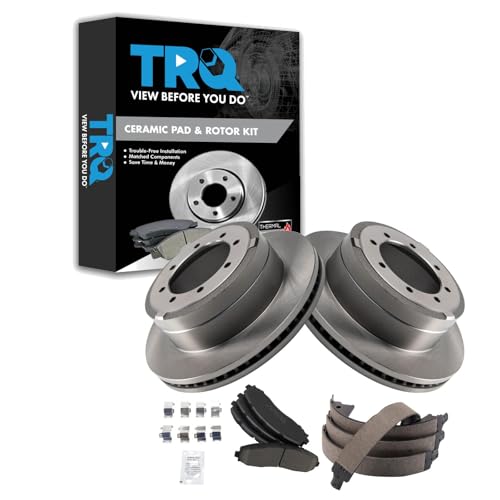 Image of TRQ Rear Brake Pad & Rotor Kit Parking Brake Shoe Set Ceramic Compatible with 2013-2019 Ford F-350 Super Duty 2013-2014 F-450 Super Duty