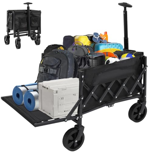 Folding Festival Trolley Carts, Garden Wagon Carts with Adjustable Handle and Cup Holders, Collapsible, Protable Foldable Wagon for Camping, Shopping, Fishing, Gardening, and Beach Trips