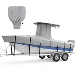 RVMasking Upgraded 1200D T-Top Boat Cover 100% Waterproof Heavy Duty Tear-Resistant Polyester with Motor Cover for Center Console Boat with T TOP Roof, 26'-28' Long Beam Width up to 116', Gray