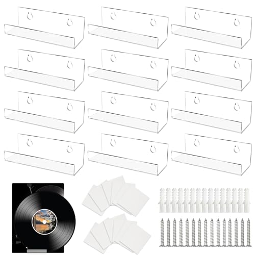 YMTWSRY 12 PCS Vinyl Wall Mount 10cm Clear Stick on Shelf CD Display 4 Inch Acrylic Floating Shelves Holder Wall Record Shelf for Nail Polish Home Office
