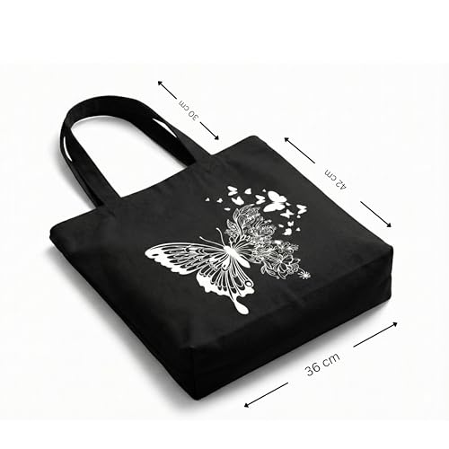Image of STRUTT Foldable Canvas Tote Bag for Women, Tote Bag for College Girls, 100% Organic Cotton Reusable Shopping Bag for Grocery, Eco-Friendly Multi-Purpose Bag for Travel & Daily Use - White Butterfly