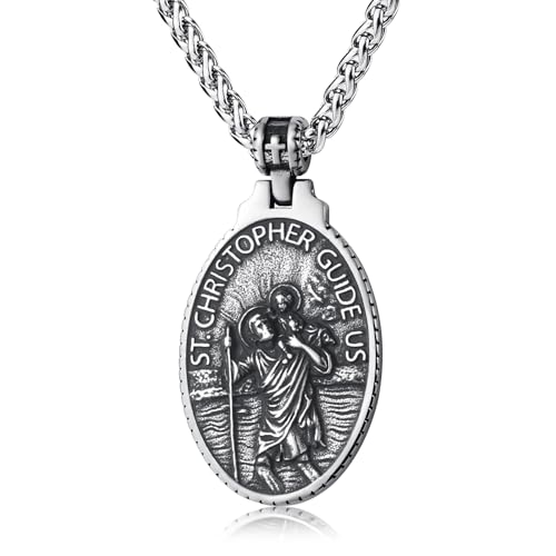 KIRTIJW St Saint Christopher Medal Pendant Necklace Mens Stainless Steel St Christopher Pendant Necklace Jewelry for Men KJW1037