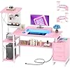 Computer Desk with 2 Fabric Drawers Reversible Home Office Desk with Power Outlet LED Lights 53 Writing Desk with Monitor Stand Storage Shelves Gaming Desk Study Table with Pegboard Pink