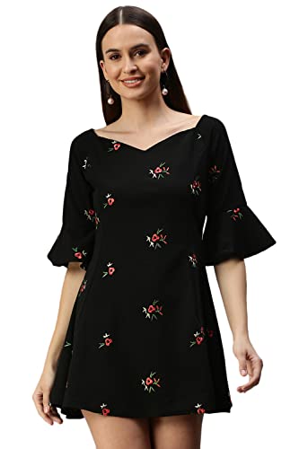 Image of SHOWOFFFF Women Solid Fit and Flare Casual Dress | Off Shoulder 3 /4th Sleeves Cotton Dress for Womens | Mini Dress for Women's