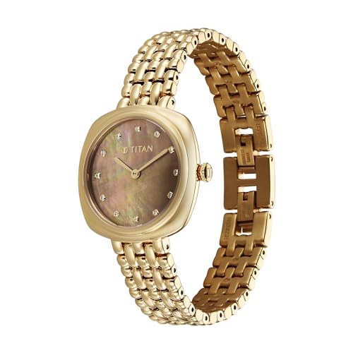 Image of Titan Aura Phase Quartz Analog Brown Dial Golden Stainless Steel Strap Watch for Women-95241YM01