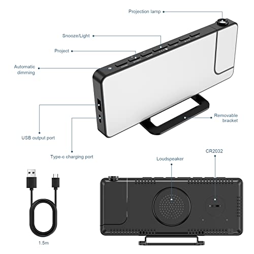 Ankilo Projection Alarm Clock For Bedroom Ceiling, 7.5" Digital Clock With 180° Projector, 6-Level Dimmer, 15-Level Volume, Dual Alarm Clock, Usb Charging Port, Projection Clock For Children, Elders #TOP6