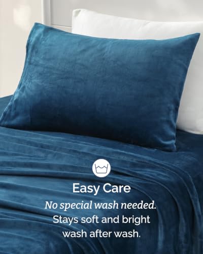 Image of Fleece Sheets Twin Size Set - 3-Piece Velvet Flannel Sheet Set - Navy