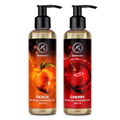 Huile de Massage Sensuel Set 2x200ml - Pêche & Cerise - Huile de Massage Sensuel Comestible - pour Couple - Mélange Naturel de Pépins de Raisin et Amande et...
