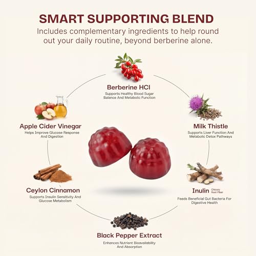 Image of Berberine HCL 500mg Gummies with Ceylon Cinnamon, Milk Thistle, Apple Cider Vinegar & Inulin Fiber - Zero Sugar Vegan Non-GMO Supplement - 60 Count