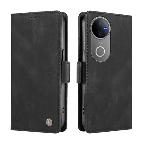 ILING Hülle für Vivo V50 5G / Vivo V50e 5G Klapphülle, Ultra-dünn Haut PU Leder Brieftasche Retro Flip Schutzhülle Stoßfeste Handyhülle mit Ständer/Kartenfach/Magnetisch (Schwarz)