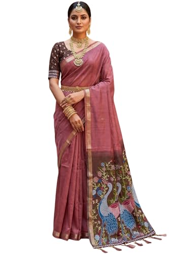 Image of SGF11 Women's Soft Cotton Linen Silk Saree With Unstitched Blouse Piece