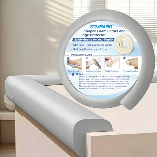 Image of ZOMPAGO Baby Proofing Edge Protector, Grey Foam L-Shape Self-Adhesive Corner Guards, Baby Crib Bumper Pad, Wall & Corner Protector Baby, Foam Corner Protectors for Nursery Kitchen Fireplace Furniture