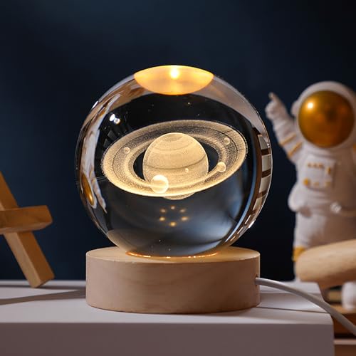 ZVO Bola de cristal 3D, 6 cm, luz nocturna, lámpara LED 3D, escena nocturna, astronomía, con base de madera, sistema USB, planeta, esfera de vidrio para cumpleaños, niños, decoración navideña
