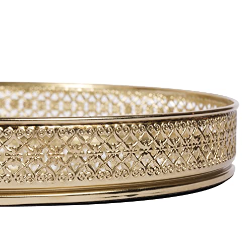 Image of Craft Brio -A TRENDY HANDICRAFTS Round Glass Mirror Gold Plated Tray Decorative Vanity Perfume Storage Pooja Wedding Gifting Display Laser Cutting Trays (25 X 3 H cm)