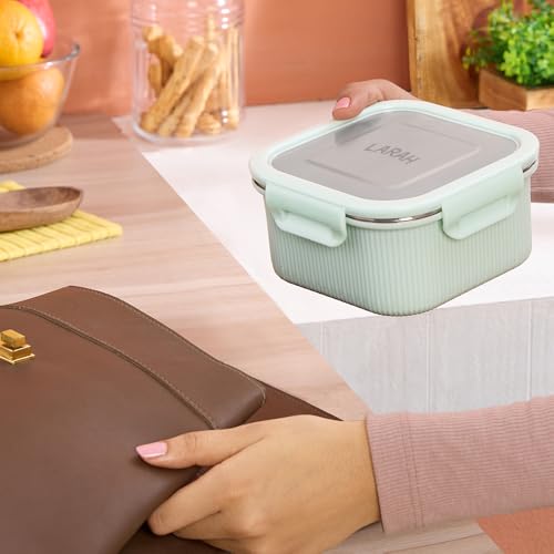 Image of Larah by BOROSIL Freshbyte Food Storage Container with Airtight Stainless Steel Lid | Fridge Container for Lunchbox | Food Grade | Microwave Safe (Green, 800 ml, Square)