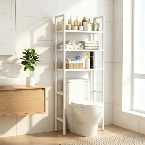 Renyqatt Over the Toilet Storage, 3-Tier Bathroom Organizer, Freestanding Above Toilet Shelf with Adjustable Feet, Space Saving, Easy Assembly, Carbon Steel, 61" H, White