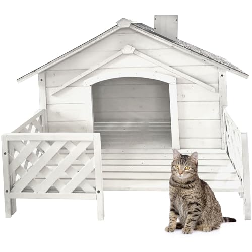Critter Sitters 27'' Pet House with Porch, Weather-Resistant Dog House for Animals up to 44 Pounds, Waterproof Outdoor Dog House, Ideal for Cats, Dogs, and Rabbits, White Fir Wood Dog Houses