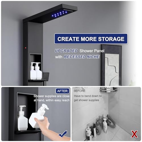 ROVATE Matte Black LED Rainfall Waterfall Shower Panel Tower System with Shelf - Powerful Stainless Steel Shower Column with Mist and Massage Body Jets, Handheld, Waterfall Tub Spout