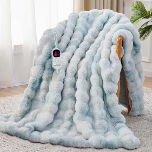 Anysay Heated Blanket Throw with 1-2-4-6-8 Hours Auto-Off 10 Heat Level, 50 * 60 Cozy Faux Rabbit Fur Bubble Electric Blanket with Overheat Protection(Blue)