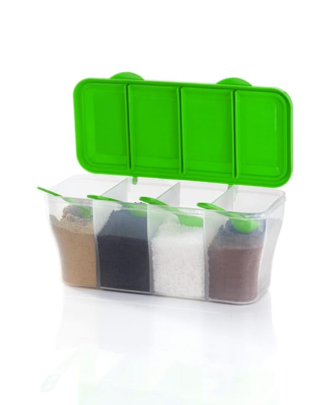 Image of SORATH 4 in 1 Multipurpose 4 Section Kitchen, Fridge Storage Airtight Container Set for Vegetables, Dryfruits, Spices, Groceries, and Pickles with 4 Spoons Storage Set 1800 ml- (Green, Pack of 1)