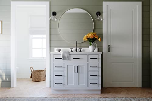 Ariel Hepburn 43" Inch White Single Bathroom Vanity W/ 1.5" Edge Pure White Quartz Countertop & Splash | Rectangular Sink | 2 Soft Closing Doors | 9 Dovetail Construction Drawers | Toe Kick #TOP1