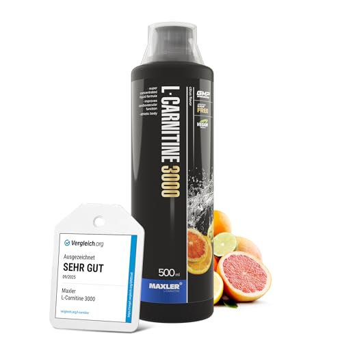Maxler L-Carnitine 3000 - Zitrus - 500ml - Hochdosiertes L Carnitin Liquid - Vegane Nahrungsergänzuing - 3000mg Wirksotff pro Portion - 20 Portionen - Inklusive Messbecher