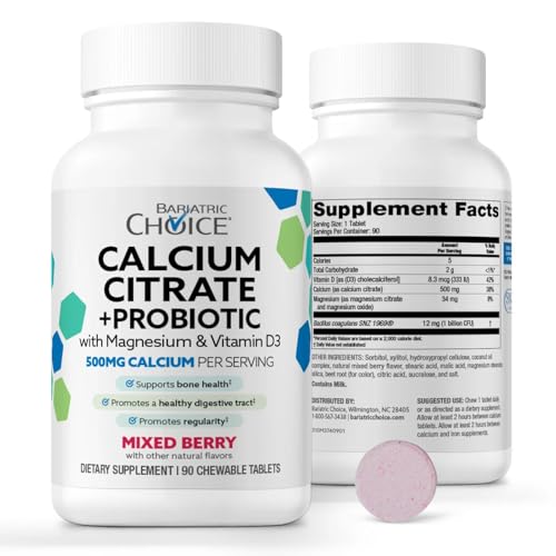 Bariatric Choice Chewable Calcium Citrate 500mg with Vitamin D3 Magnesium & Probiotics for Bariatric Surgery Patients Including Gastric Bypass & Sleeve Gastrectomy Sugar-Free -Berry Flavor 90 Count