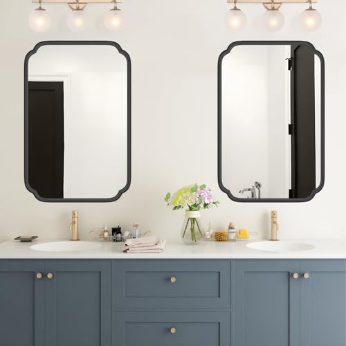 Black Bathroom Vanity Mirrors for Over Sink 24 x 36 Modern Rounded Corner Rectangle Mirror with Non-Rusting Iron Metal Framed Wall Mounted Decorative Mirror (Horizontal/Vertical)