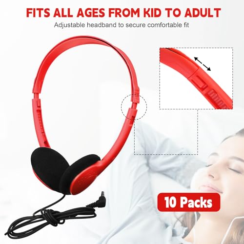 Image of Konohan 10 Pack Headphones Bulk Headphone for School Classroom Student Wired Headphones Adjustable with 3.5 mm Jack for Adults (Red)