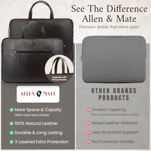 Image of ALLEN & MATE 100% Leather Laptop Case 13 Inch Laptop Sleeve fits MacBook Neo /Air /Pro 13 Inch with M5 /M4 /M3 /M2 /M1, Dell, HP, Lenovo, Chromebook 11-13 inch Computer Bag Zip Pocket - Brown