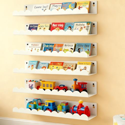 FESTLOVE Nursery Book Shelves Set of 6 White Metal Floating Shelves for Wall 16 Inch Scalloped Book Shelf for Kids Room Bathroom Bedroom Playroom Wall Decor & Storage