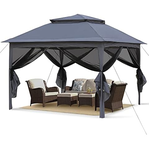 Pavillon 3x3 für Terrassen mit Moskitonetz, Doppeldachweichdach, Baldachin, Pergolas, Moskitoschutz, Campingzelt, Pop-Up-Sonnenschutz, Netzwände Gartenpavillon, Gartenzelt für BBQ, UV-Schutz, Grau Cover