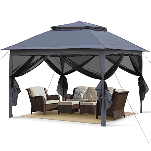 Pavillon 3x3 für Terrassen mit Moskitonetz, Doppeldachweichdach, Baldachin, Pergolas, Moskitoschutz, Campingzelt, Pop-Up-Sonnenschutz, Netzwände Gartenpavillon, Gartenzelt für BBQ, UV-Schutz, Grau