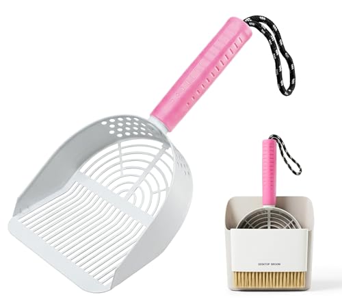 SNUGENS Cat Litter Scoop with Holder 3 in 1 Metal Kitty Scooper Heavy Duty Deep Litter Sifter with Dustpan & Mini Broom Dual Coarse & Fine Grid Quick Sift Universal for All Cat Litter