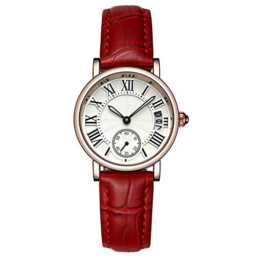 Montres pour Femmes, Montre-Bracelet Analogique à Quartz Classique pour Femme, Bracelet en Cuir, Montre Ronde Étanche avec Date (Bracelet Rouge)