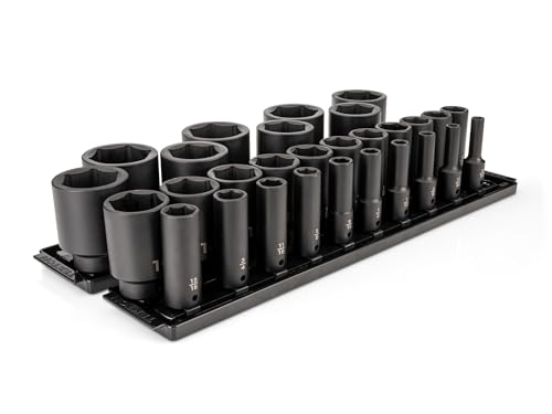 Image of TEKTON 1 /2 Inch Drive Impact Socket Set, 29-Piece | SID92109 | (5 /16 - 2 in.), Deep, 6-Point, Socket Rail