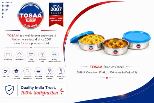 Image of TOSAA Stainless Steel Sigma Container Small - 825 ml (Pack of 3) | Airtight & Leakproof Lid |Compact & Travel-Friendly | Easy to Carry | Perfect for Office, School & Home Use